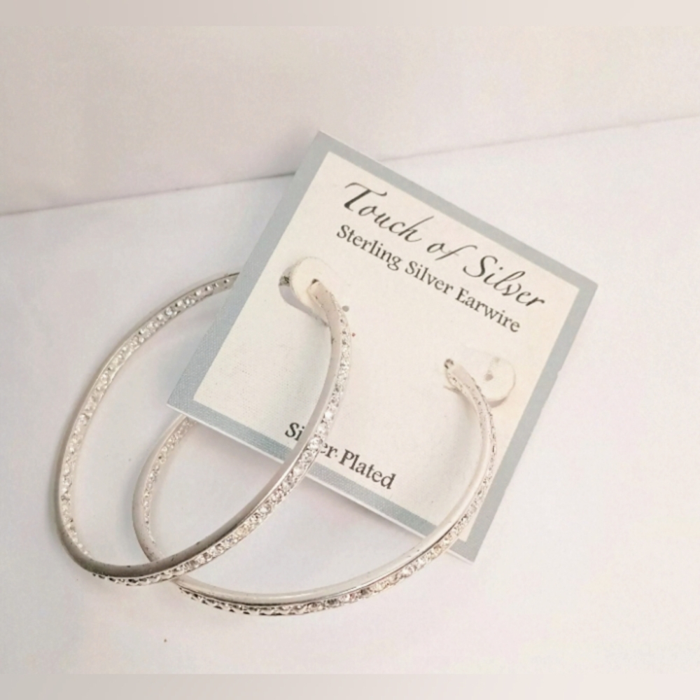 Touch of Silver sterling silver plated 2.5" faux diamond hoop earrings